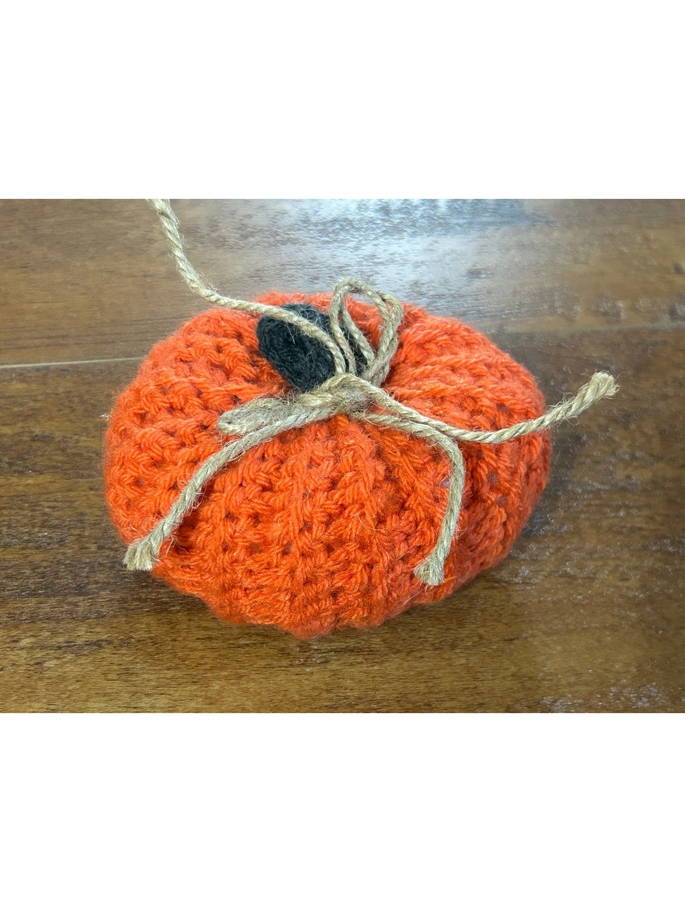 Hand Crocheted Small Pumpkin Decoration with Jute Bow and Felt Leaf